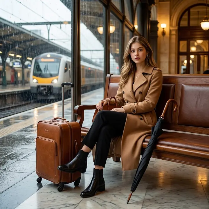 Cinematic Woman Waiting for Train in Rain Vikas edit example