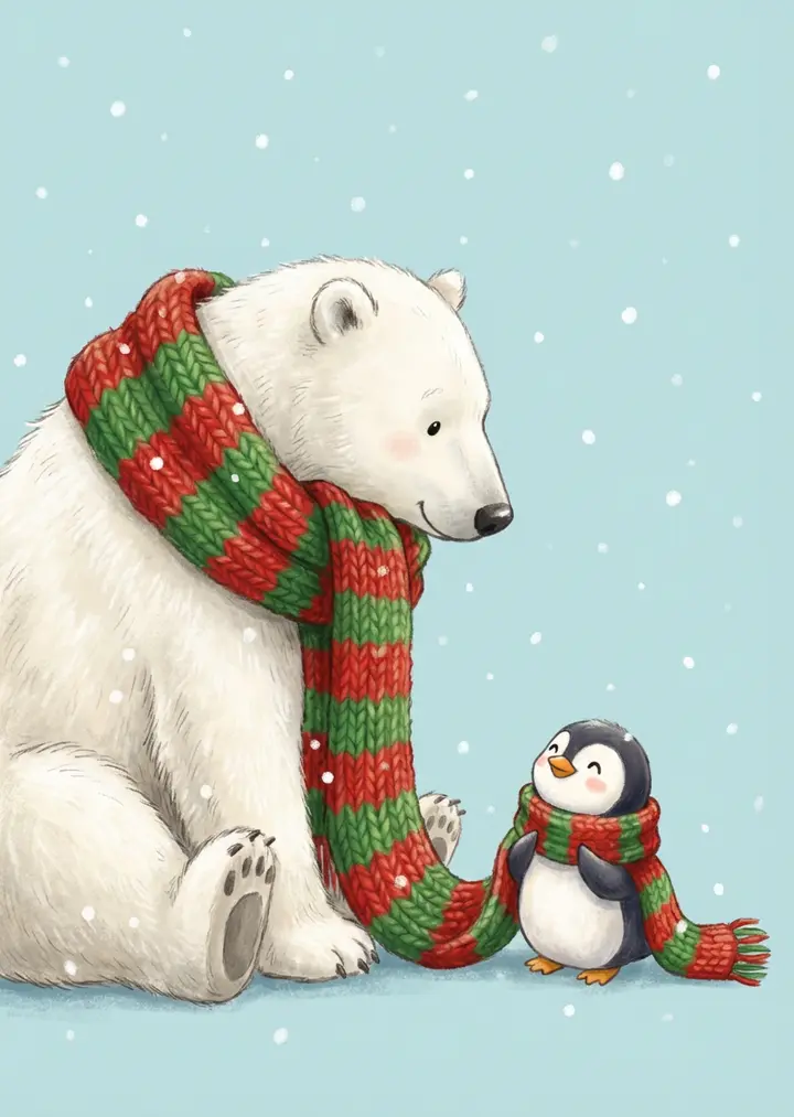 Polar Bear and Penguin Scarf Christmas Card Vikas edit example